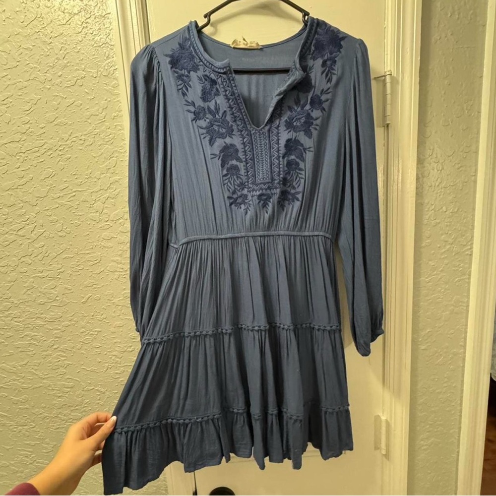 Blue Embroidered Long Sleeve Dress